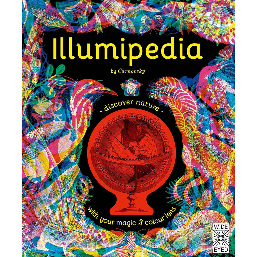 Colorful book cover titled "Illumpedia" by Carnovsky. Features vibrant, overlapping animal illustrations and a central red globe, evoking exploration and discovery.