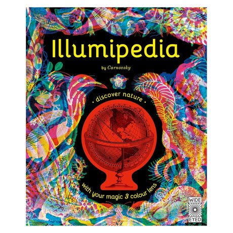 Illumipedia book cover by Carnovsky featuring a red globe and colorful, overlapping illustrations of animals.
