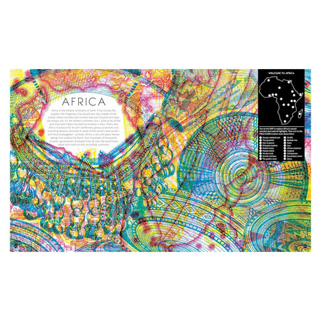 Colorful book spread about Africa featuring a map, cultural artifact illustrations, and descriptive educational text.