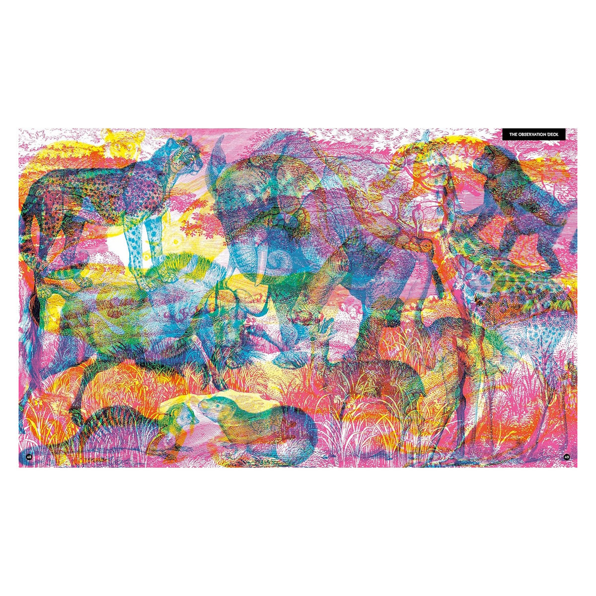 Colorful layered animal illustrations featuring a leopard, elephant, and gorilla in a vibrant neon landscape.