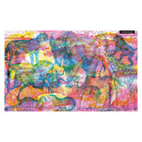 Colorful layered animal illustrations featuring a leopard, elephant, and gorilla in a vibrant neon landscape.