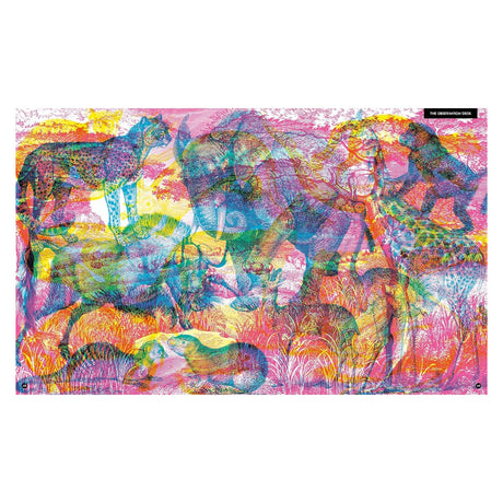 Colorful layered animal illustrations featuring a leopard, elephant, and gorilla in a vibrant neon landscape.