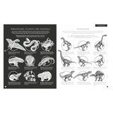 Illumipedia book pages showing prehistoric plants, animals, and dinosaur species guide with detailed black and white sketches.