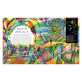 Vibrant abstract map of North America with swirling colors and patterns. A white text circle reads "North America." Black box shows discovery sites map. Energetic and vivid.