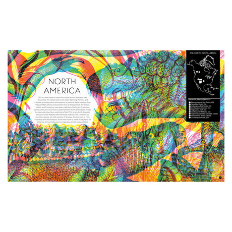 Vibrant abstract map of North America with swirling colors and patterns. A white text circle reads "North America." Black box shows discovery sites map. Energetic and vivid.