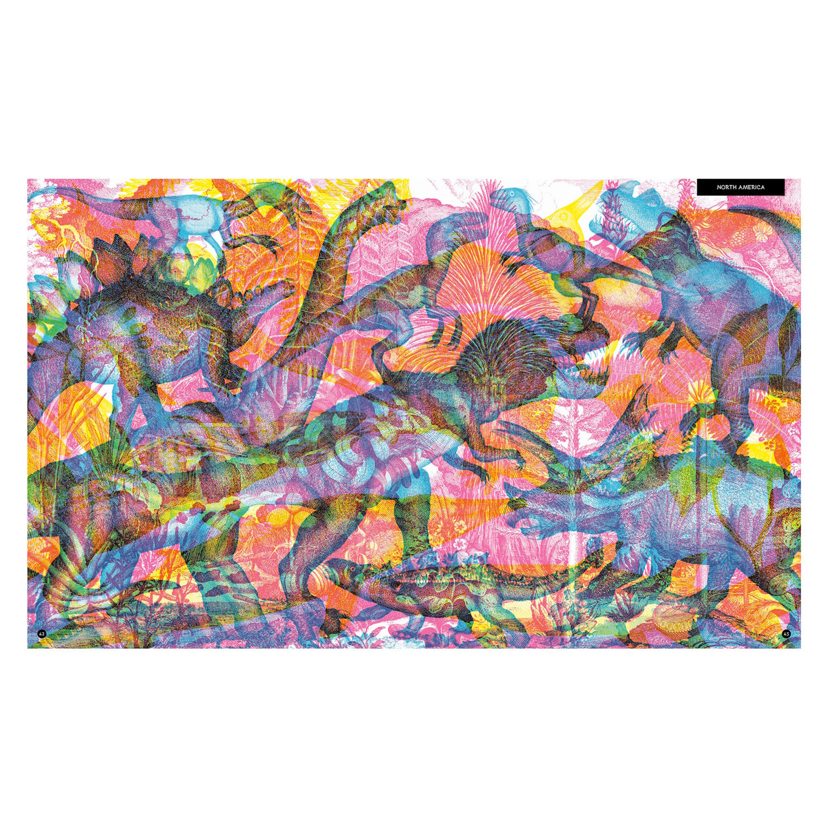 Colorful abstract art featuring overlapping shapes and patterns in bright pink, orange, green, and blue hues. The composition is dynamic and vibrant.