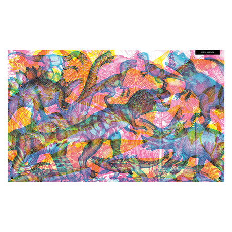 Colorful abstract art featuring overlapping shapes and patterns in bright pink, orange, green, and blue hues. The composition is dynamic and vibrant.