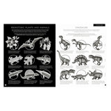 Two-page spread: left page features detailed black and white illustrations of prehistoric plants and animals on a black background. Right page showcases various dinosaur sketches with descriptions, labeled with scientific names on a white background. The tone is educational and informative.