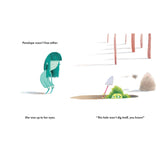 Illustration of a girl watching a green-haired character dig a hole, featuring minimalist art and storybook text.