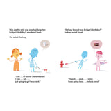 Illustration of characters from "I'm Very Busy" discussing a birthday, featuring a dog on a leash and speech bubbles.