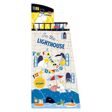 Cover of "In the Lighthouse," a lift-the-flap Moomin story book featuring Moominpappa and other characters at a lighthouse.