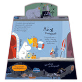 Moomintroll searches a lighthouse for Moominmamma and Moominpappa in a Moomin lift-the-flap book illustration.