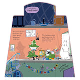 Moomintroll finds Snufkin playing a tune in a lighthouse. Illustration from a Moomin lift-the-flap storybook.