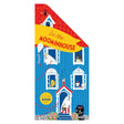 In the Moominhouse lift-the-flap book cover featuring Moomin characters in a tall blue house with a red roof.