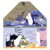 Moomintroll and Snufkin in a Moominhouse illustration with a red string winding through rooms and lift-the-flap details.