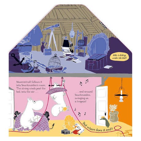 Moomin book illustration showing characters in an attic and bedroom with a red string winding through the rooms.