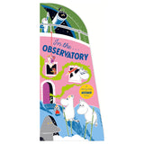 Cover of "In the Observatory" lift-the-flap Moomin book featuring Moomintroll on stilts and characters at an observatory.
