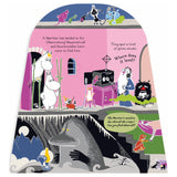 Moomin storybook page showing Moomintroll, Snorkmaiden, and Little My in an observatory searching for a Martian.