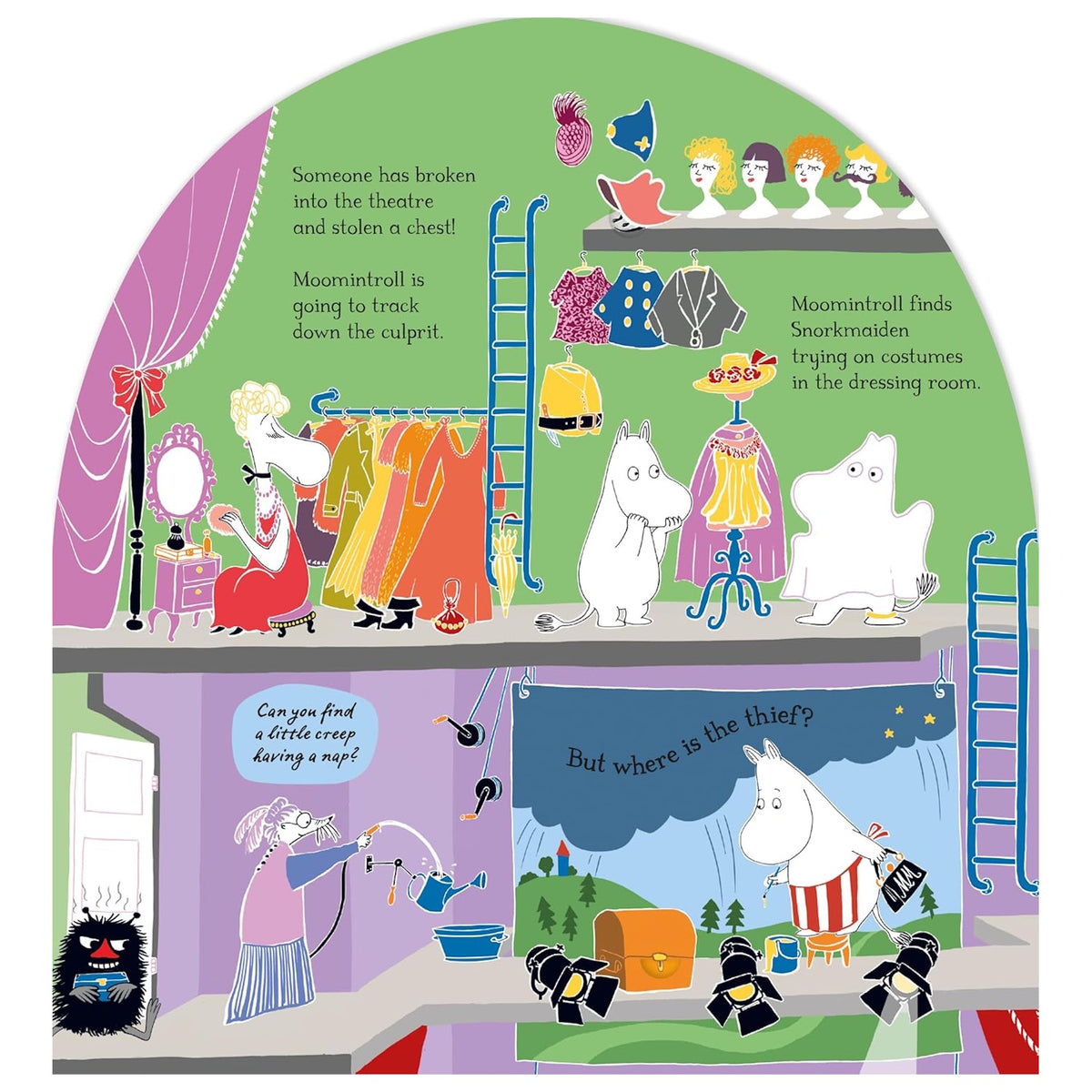 Moomin storybook page showing characters backstage in a theatre with costumes and props.
