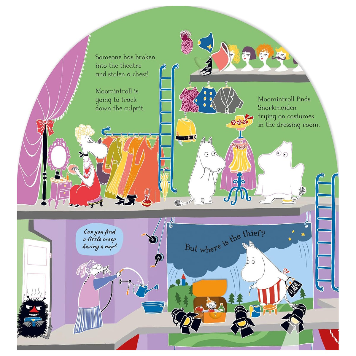 Moomin lift-the-flap book page showing characters in a theater dressing room and backstage.