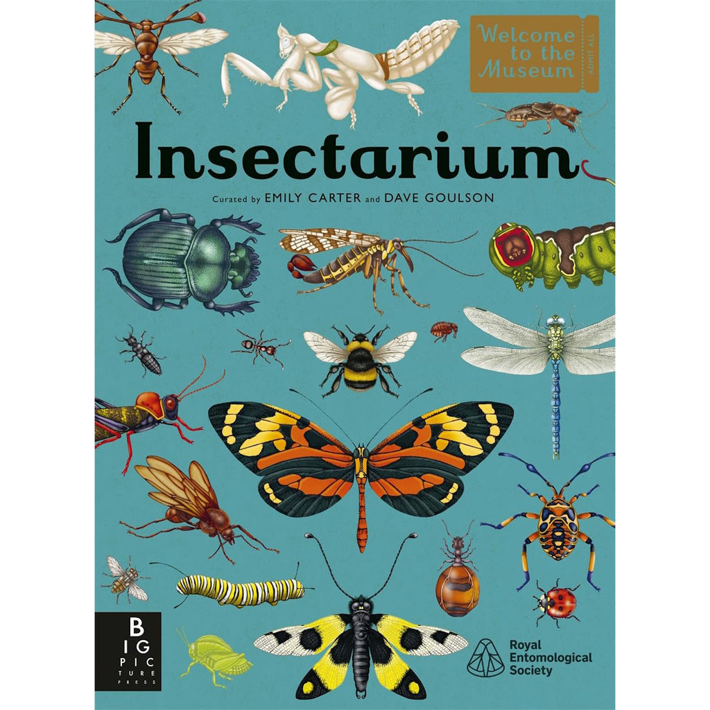 Cover of "Insectarium" depicting a variety of colorful insects, including beetles, butterflies, and dragonflies, on a teal background.