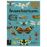Book cover for "Insectarium," featuring colorful, detailed scientific illustrations of various insects on a teal background.