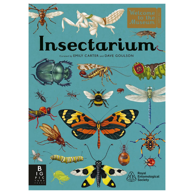Book cover for "Insectarium," featuring colorful, detailed scientific illustrations of various insects on a teal background.