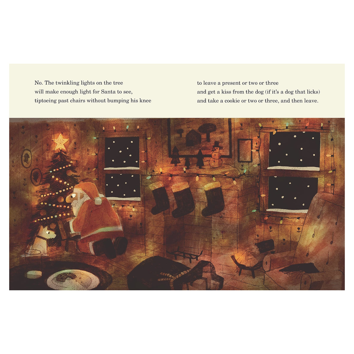Santa Claus placing gifts by a Christmas tree in a cozy, dimly lit living room with stockings and a small dog.