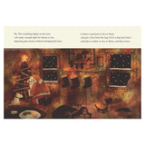 Santa Claus placing gifts by a Christmas tree in a cozy, dimly lit living room with stockings and a small dog.