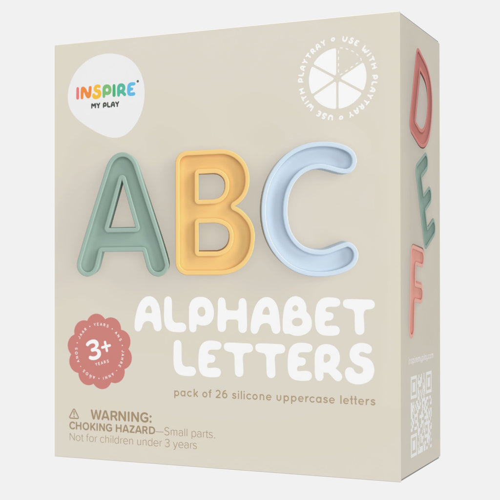 Box of silicone alphabet letters showing A, B, C in green, yellow, and blue. Includes a 3+ years age warning and features playful design.
