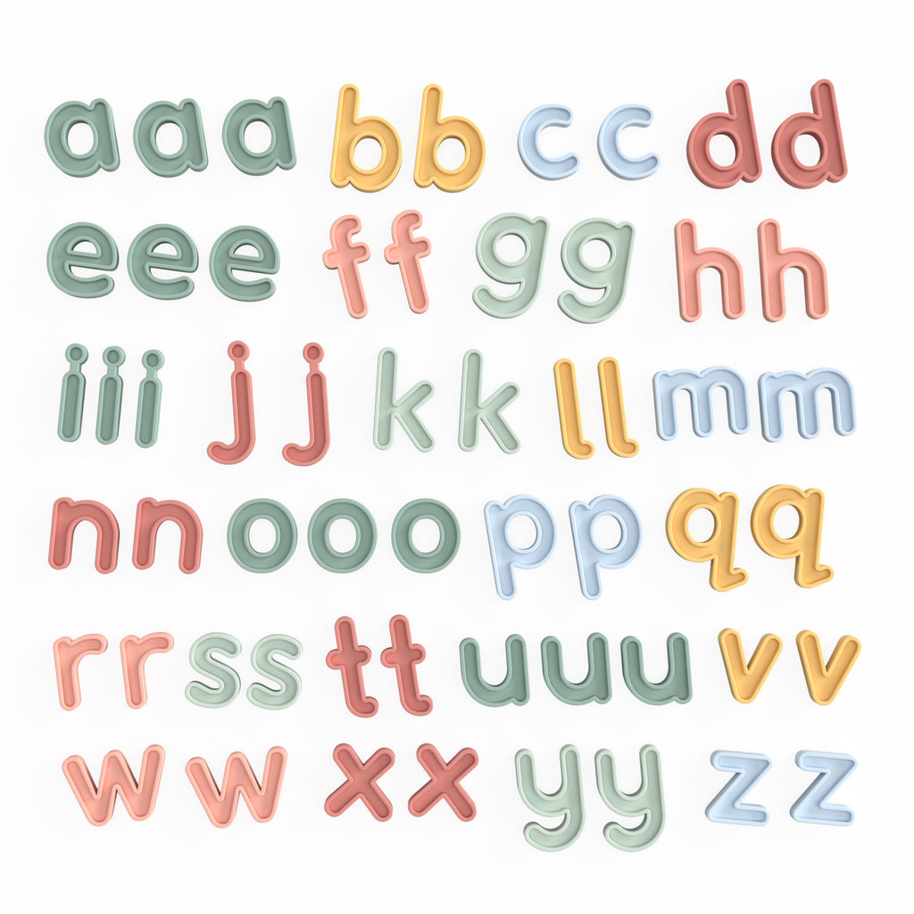 Colorful alphabet letters in playful fonts, arranged in rows by letter. Each letter appears multiple times in various pastel shades, creating a whimsical feel.