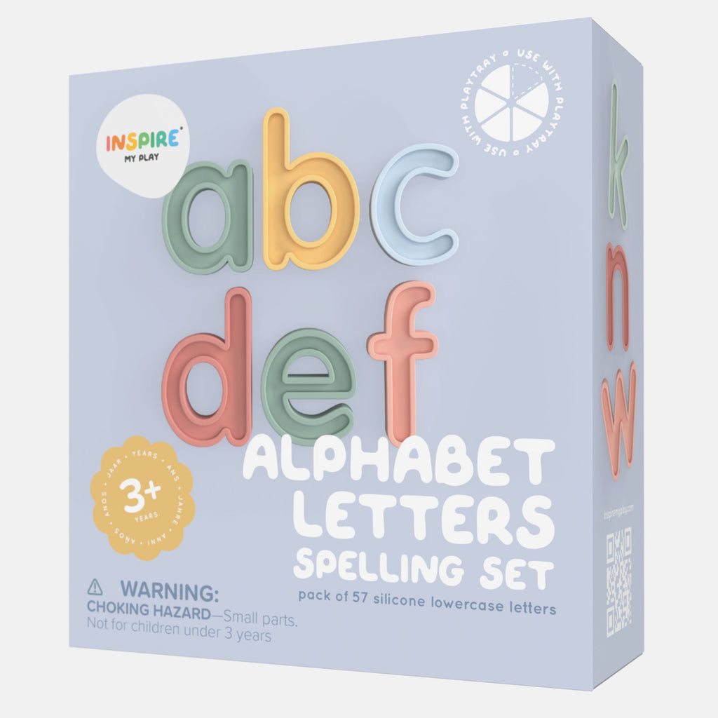 Blue box for an alphabet spelling set, featuring colorful "abc" and "def" silicone letters. Age 3+ with a choking hazard warning for small parts.