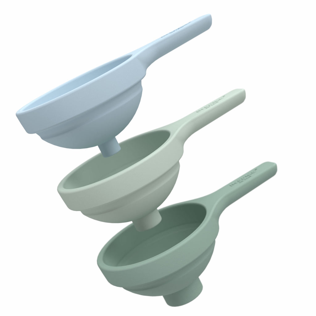 Three stackable silicone funnels in pastel blue and green, showcasing a minimalist and practical design.