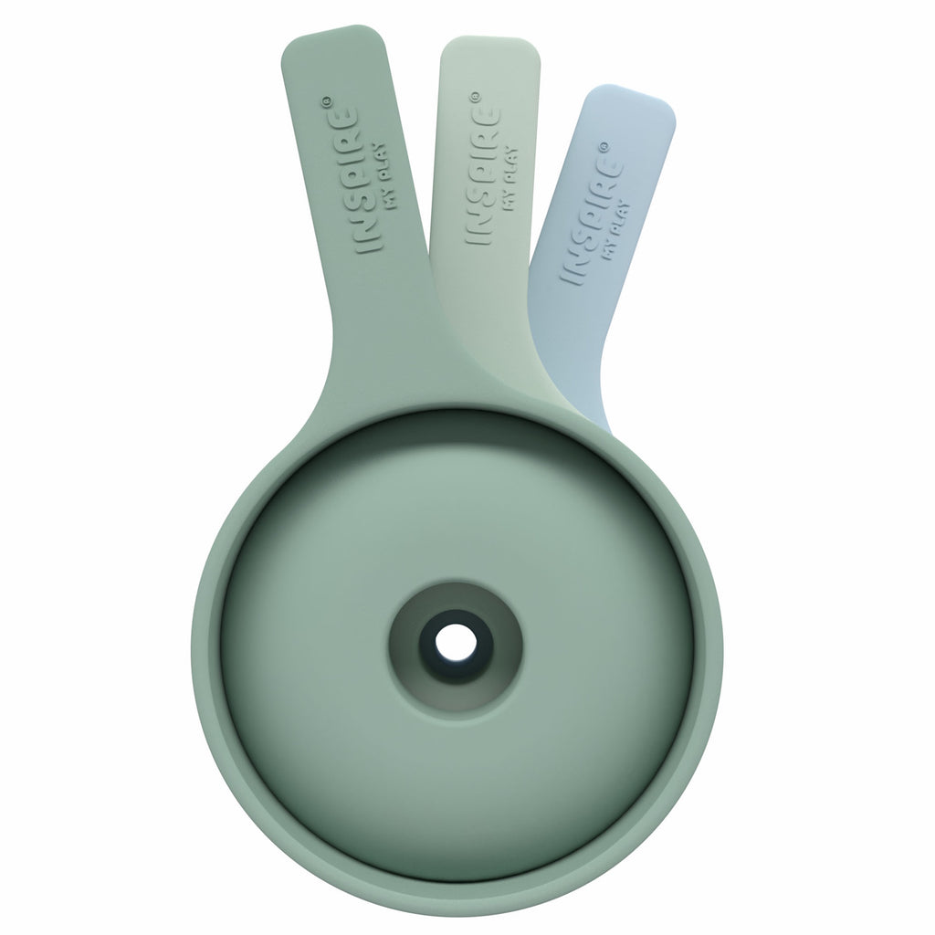 Three stackable silicone funnels in pastel blue and green, showcasing a minimalist and practical design.