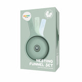 Box of Inspire My Play Nesting Funnel Set, featuring three stacked silicone funnels in pastel blue and green. Packaging includes playful, child-friendly design elements and text.
