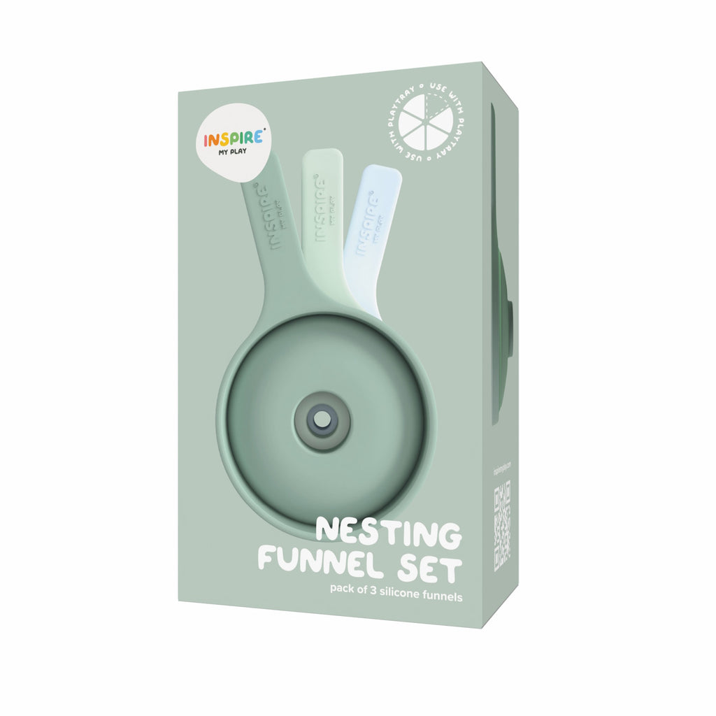 Box of Inspire My Play Nesting Funnel Set, featuring three stacked silicone funnels in pastel blue and green. Packaging includes playful, child-friendly design elements and text.