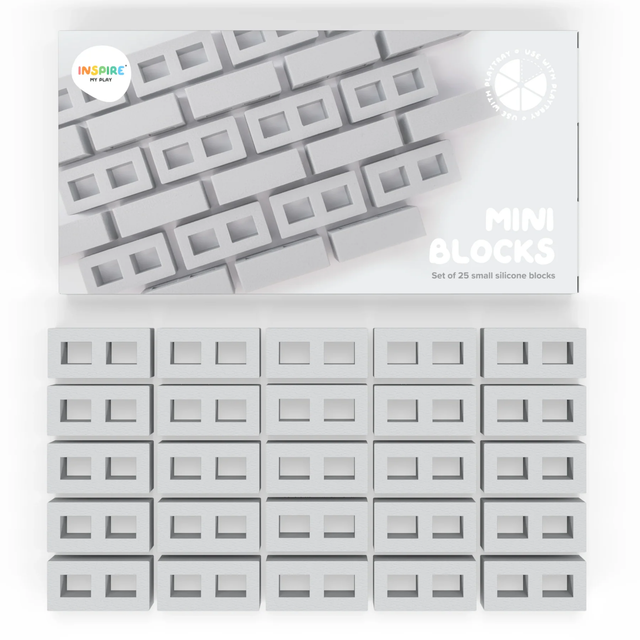 White packaging box with the text "Mini Blocks" and "Set of 25 small silicone blocks." Below, 25 rectangular, light gray blocks are neatly arranged.