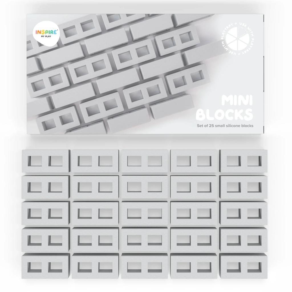 White packaging box with the text "Mini Blocks" and "Set of 25 small silicone blocks." Below, 25 rectangular, light gray blocks are neatly arranged.