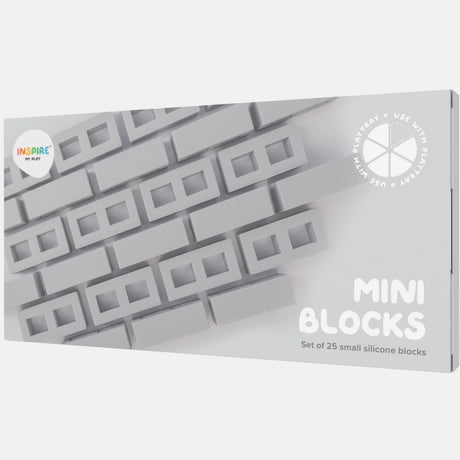 Packaging of 'Mini Blocks' showing gray silicone blocks arranged in a pattern. The text reads 'Set of 25 small silicone blocks.' Modern, minimalist design.