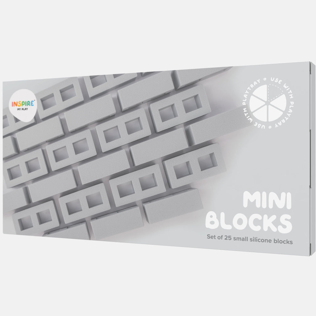 Packaging of 'Mini Blocks' showing gray silicone blocks arranged in a pattern. The text reads 'Set of 25 small silicone blocks.' Modern, minimalist design.