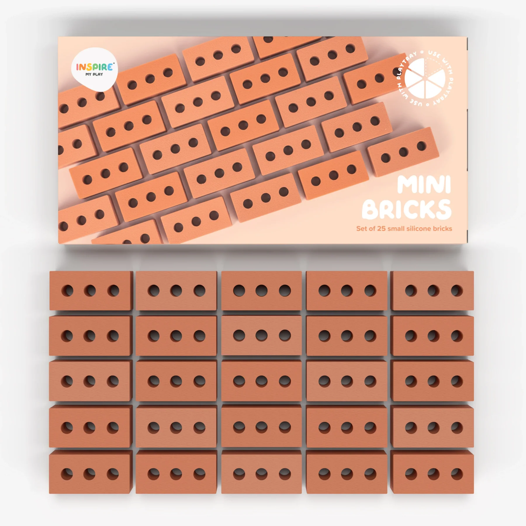 Box of 25 small silicone mini bricks, arranged in rows. Each brick is terracotta-colored with two rows of round holes, conveying a playful tone.