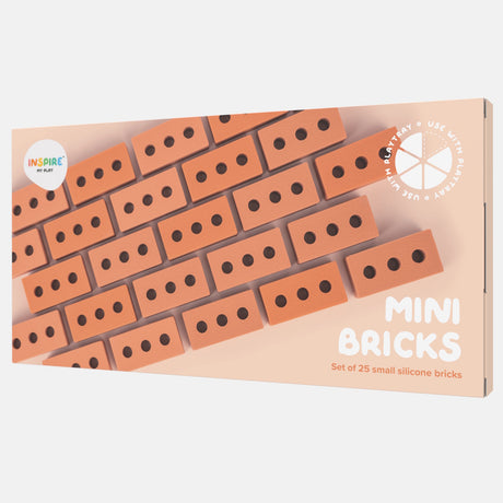 Packaging for "Mini Bricks" by Inspire My Play shows rows of small, orange silicone bricks with three holes. Text highlights a set of 25 bricks for play.