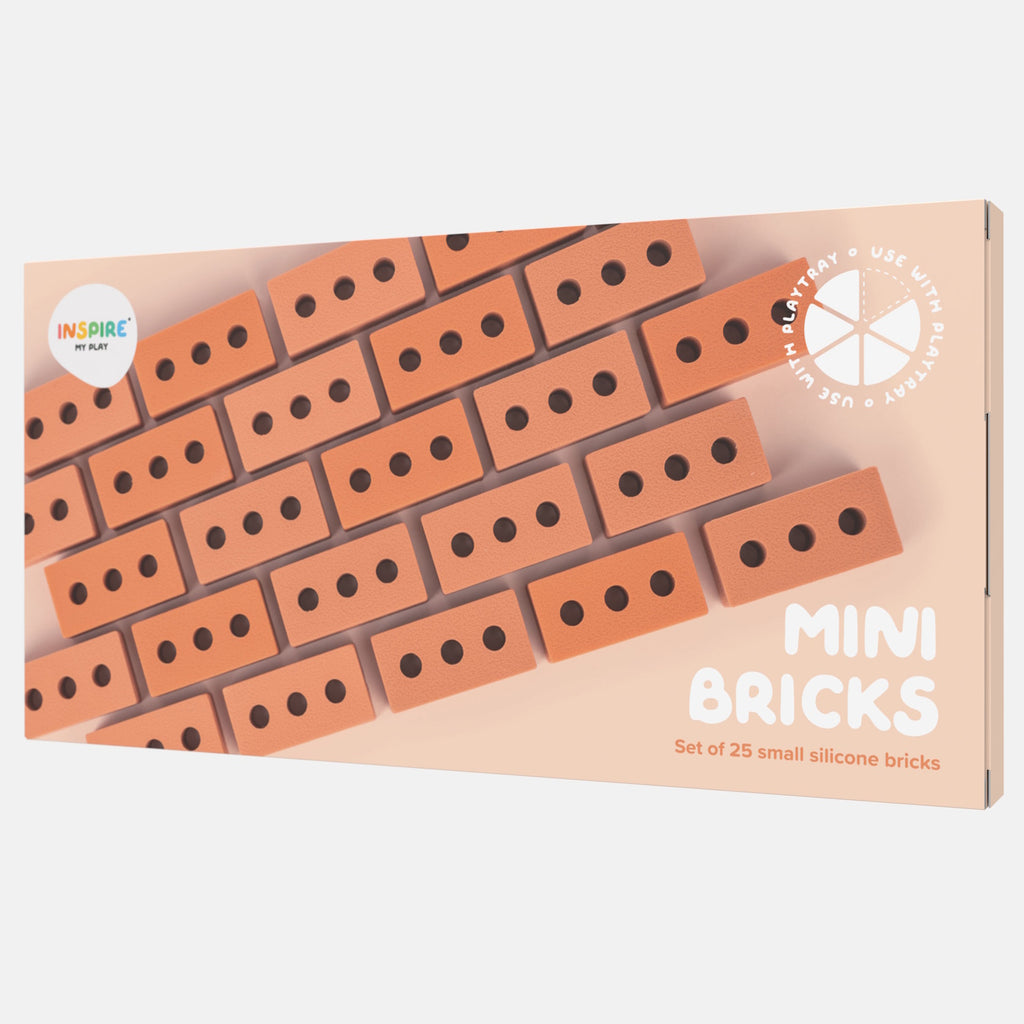 Packaging for "Mini Bricks" by Inspire My Play shows rows of small, orange silicone bricks with three holes. Text highlights a set of 25 bricks for play.