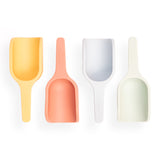 Four colorful mini scoops arranged side by side against a white background. Colors from left to right: yellow, orange, light blue, and pale green.