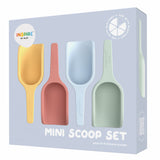 A pastel-colored mini scoop set with four silicone scoops in yellow, coral, light blue, and mint green, packaged in a light purple box.