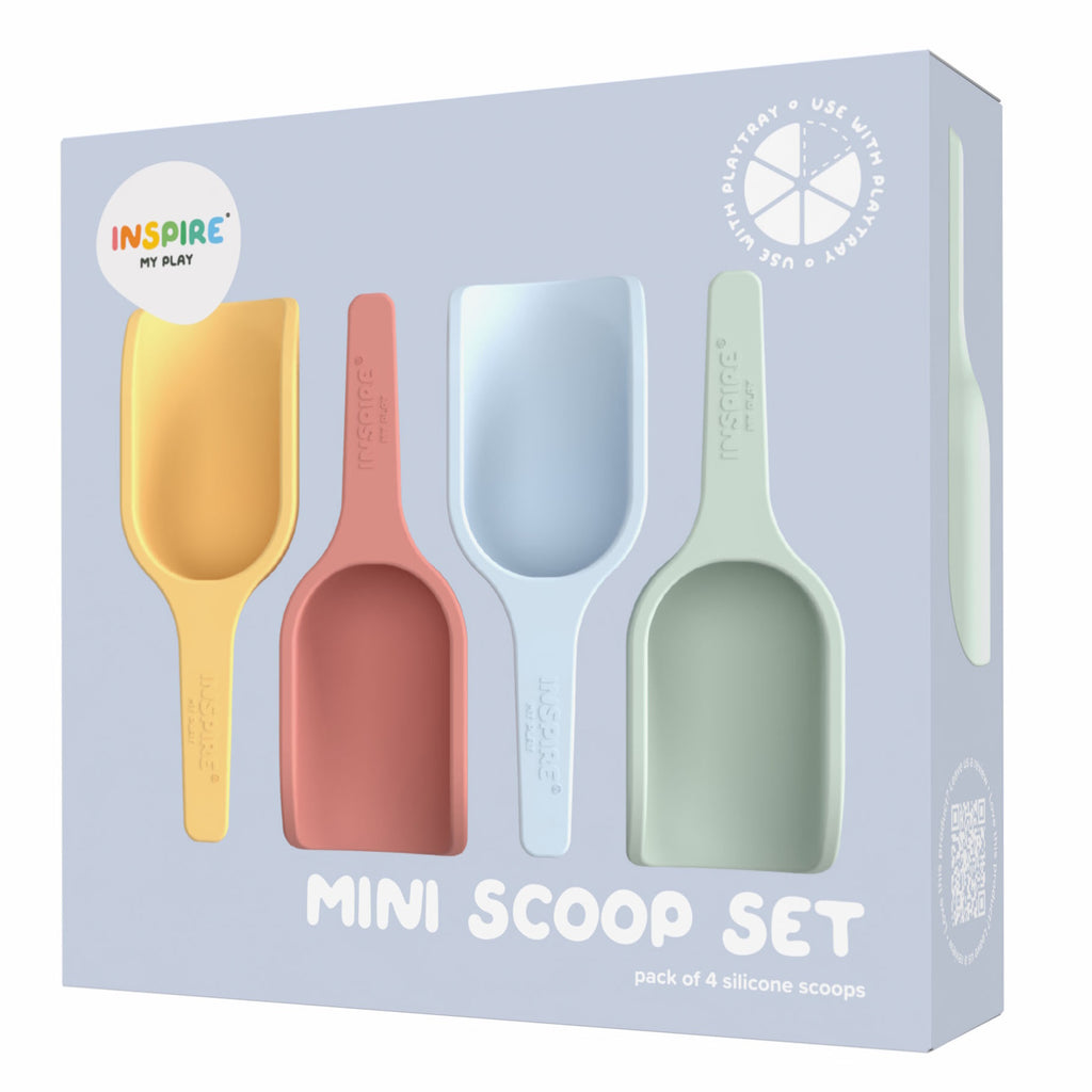 A pastel-colored mini scoop set with four silicone scoops in yellow, coral, light blue, and mint green, packaged in a light purple box.