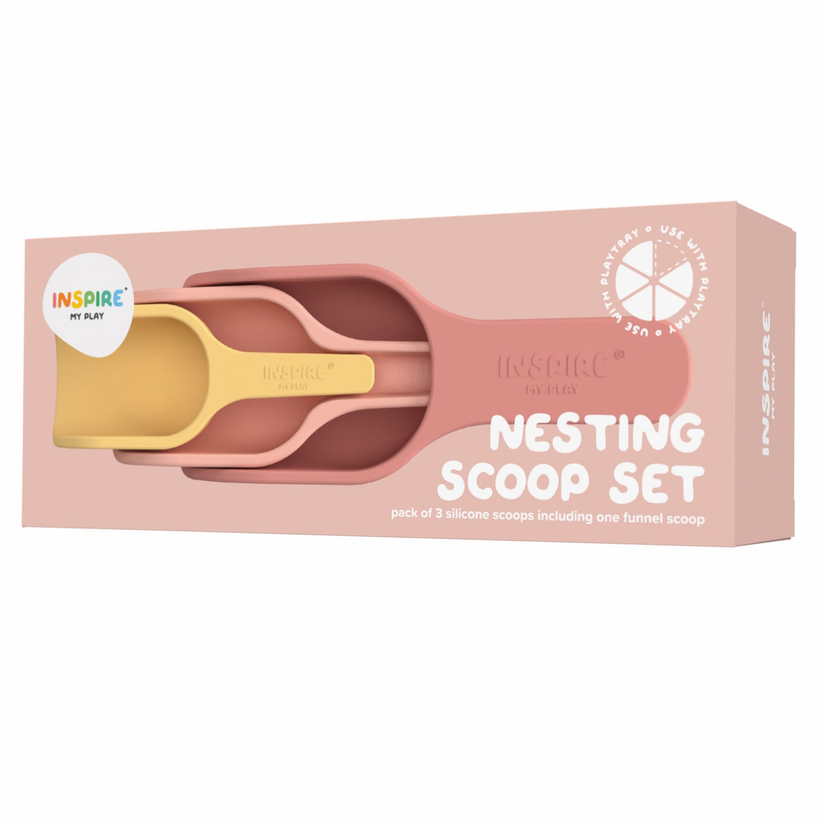 Packaging of a "Nesting Scoop Set" with three nested silicone scoops in muted pink and yellow. The box is blush pink, creating a calm, playful tone.