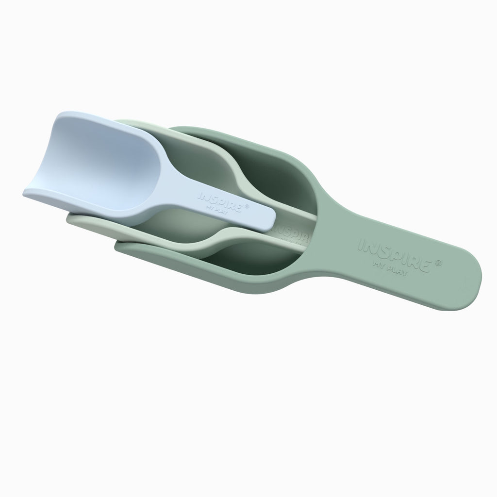 A set of three nesting scoops on a white background, featuring pastel green and blue tones. The design is minimalistic and modern.