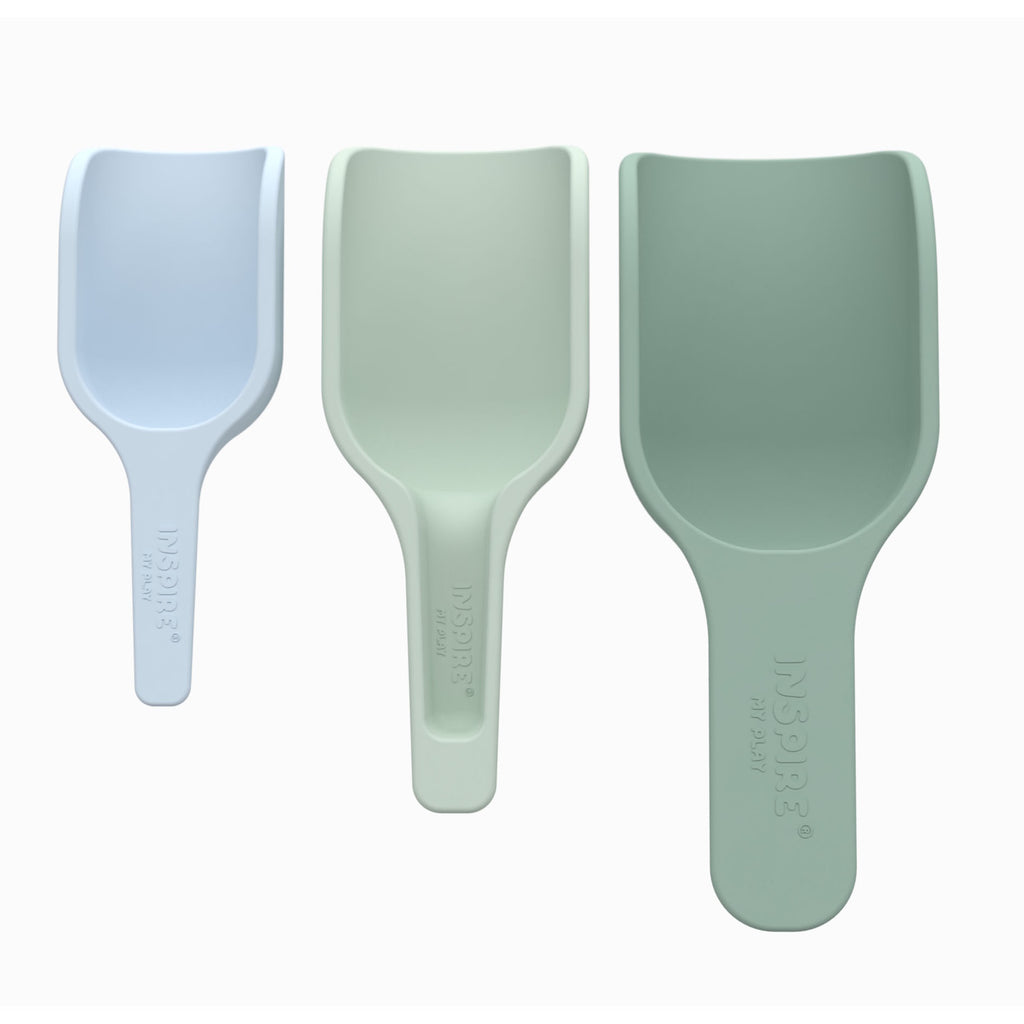 A set of three nesting scoops on a white background, featuring pastel green and blue tones. The design is minimalistic and modern.