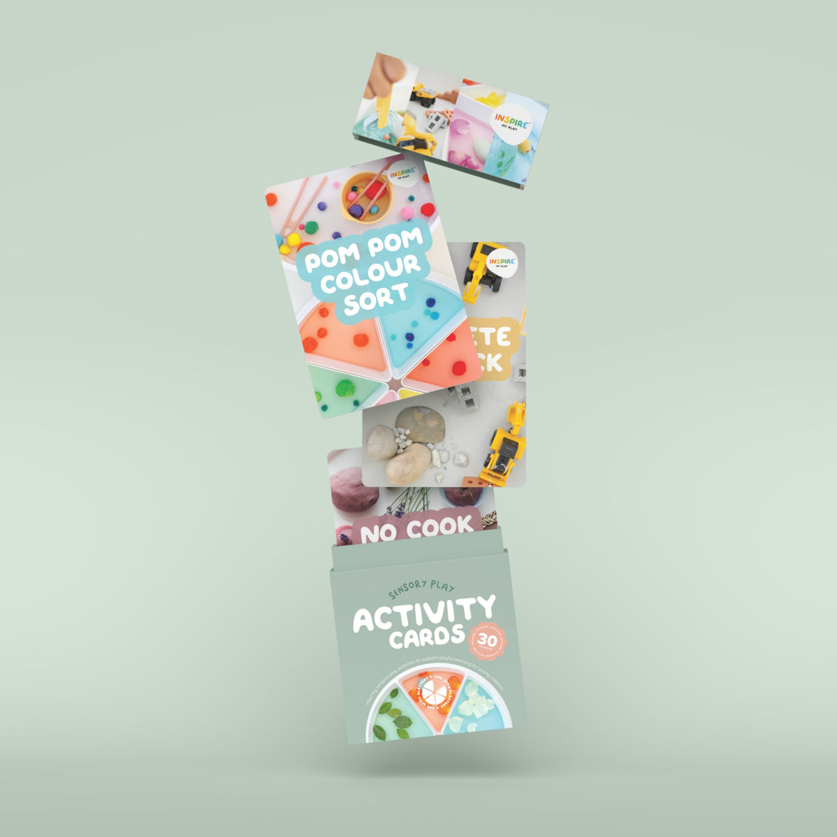 Box of "Sensory Play Activity Cards" with vibrant images of toys and colorful activities, promoting playful learning for young children.